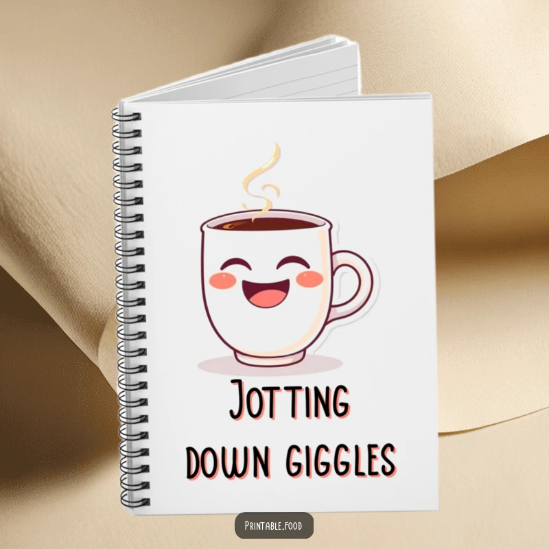 Funny notebook cover with a winking coffee cup character, steam rising joyfully as it laughs, inspiring creative and humorous writing.