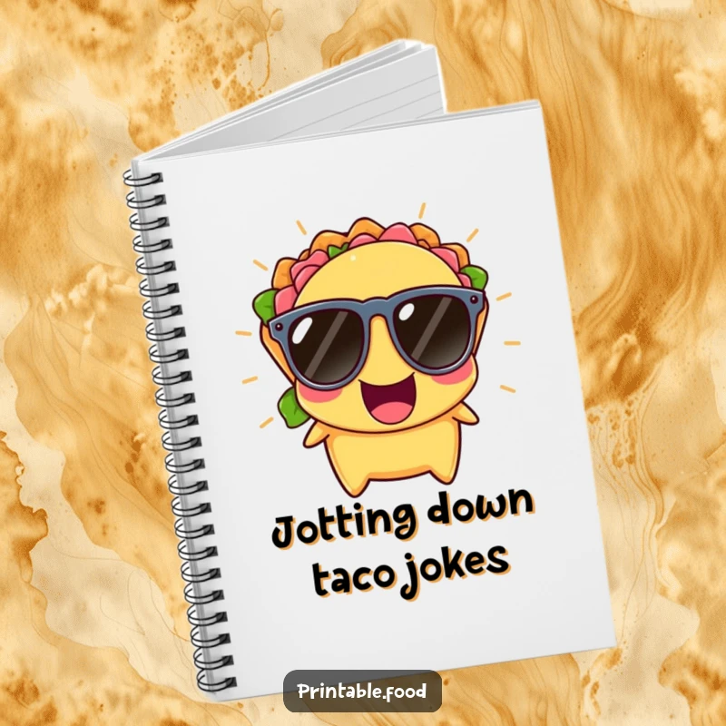 Funny Notebook with a cheerful taco in sunglasses, bursting with laughter, designed for jotting down ideas and recipes.