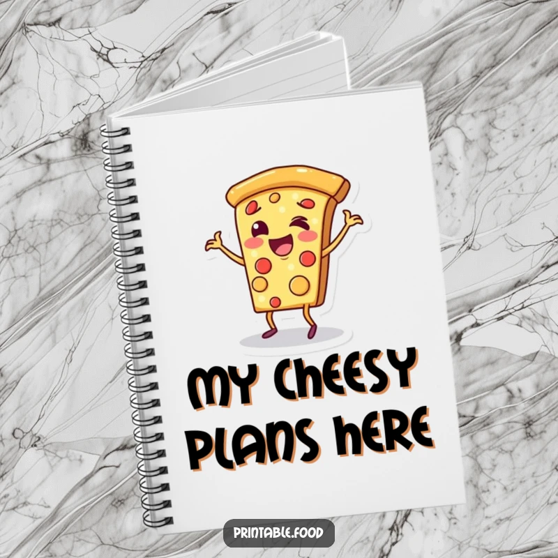 Funny notebook with a cover displaying a cheerful pizza slice character doing a happy dance on its crust, perfect for notes.