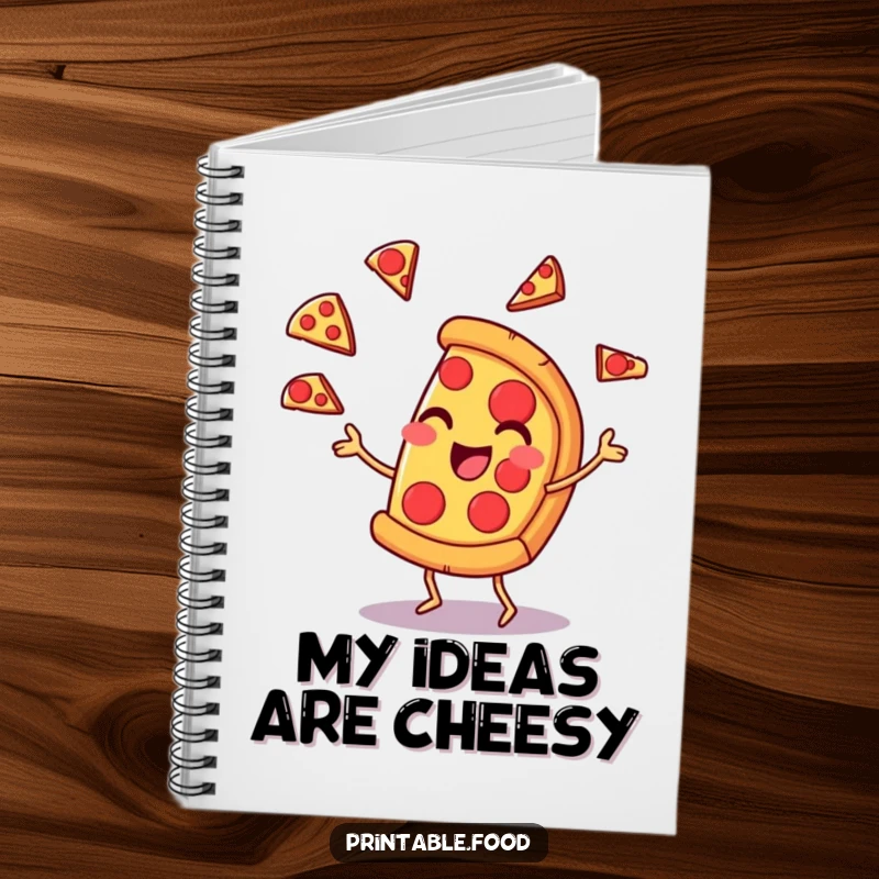 Funny notebook cover with a pizza slice character juggling pepperoni slices with a smirk, ideal for jotting down tasty thoughts and plans.