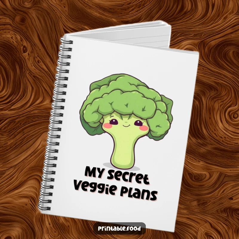 Funny notebook with a shy broccoli floret peeking from behind a leaf, ideal for journaling with a touch of humor.