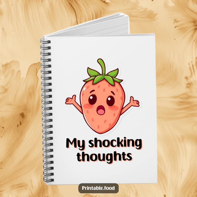 Funny surprised strawberry with tiny arms outstretched on a notebook cover, ideal for journaling fruity surprises.