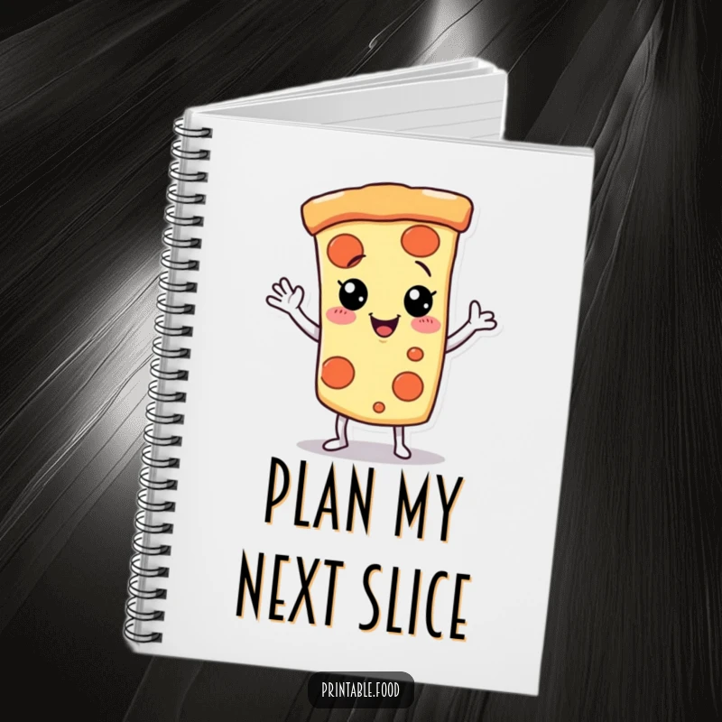 Funny Notebook with a giggling pizza slice character dancing, perfect for jotting down delicious ideas.
