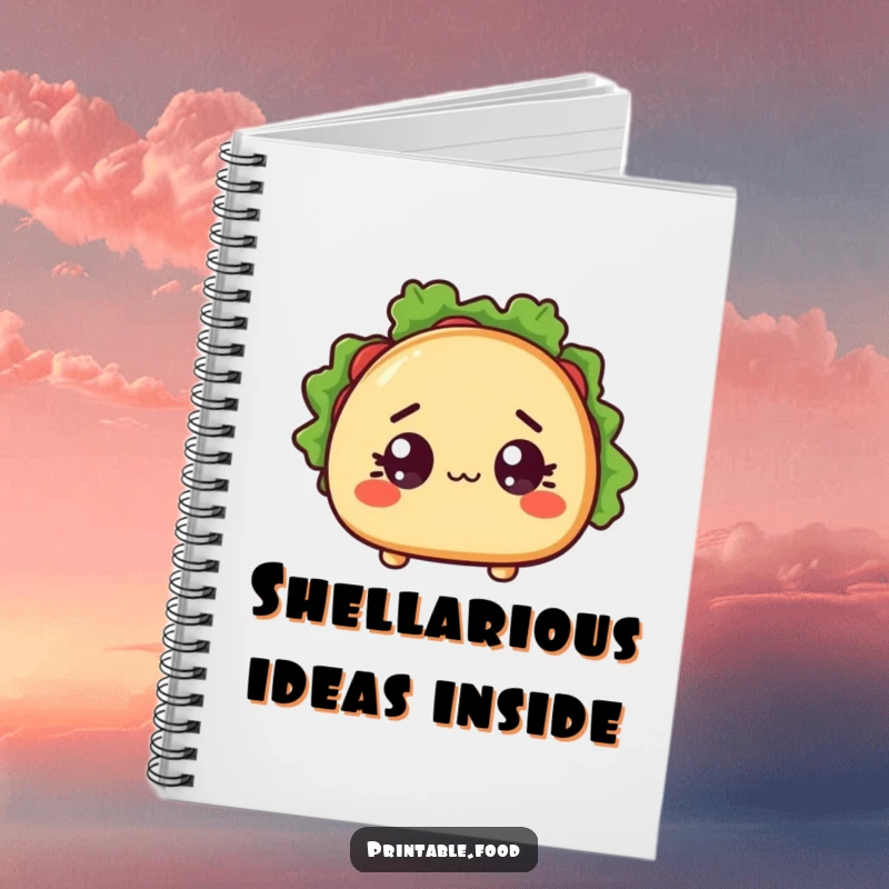 Funny notebook with a cover displaying a surprised taco character with wide eyes and an open shell, perfect for notes.