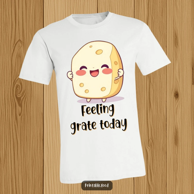 Funny t-shirt depicting a delighted cheese character with a smile, being pulled apart, celebrating the joy of cheese.