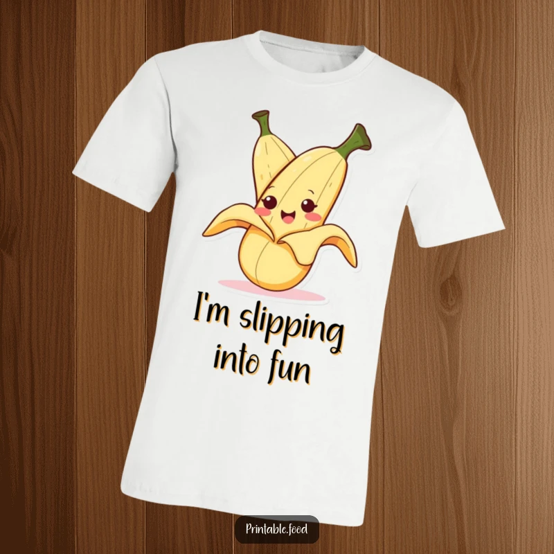Funny t-shirt featuring a smiling banana character hilariously peeling itself with a mischievous and playful expression.