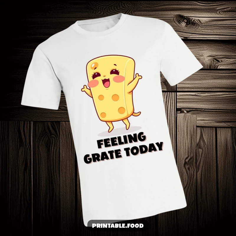 Funny blushing cheese character doing a silly jig on a t-shirt, great for food-themed humor and parties.