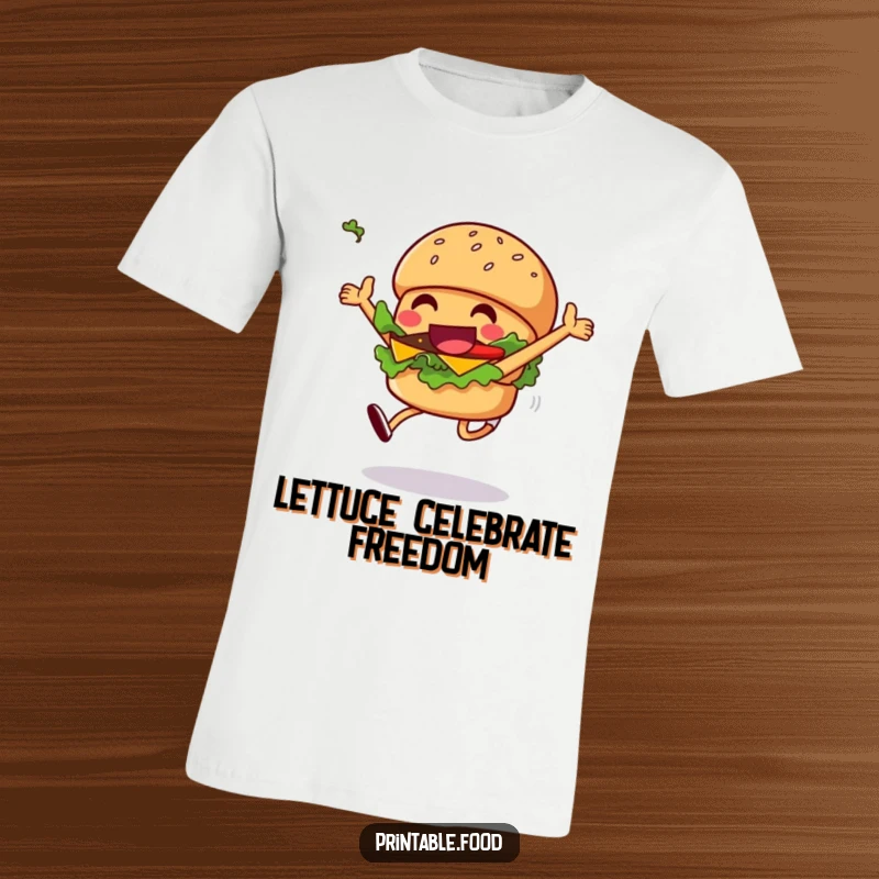 Funny grinning burger t-shirt featuring a character leaping with delight, lettuce flying, ideal for casual wear and foodies.