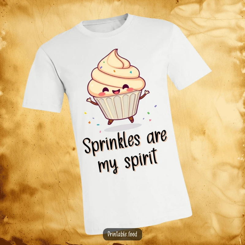 Funny T-Shirt print of a gleeful cupcake character joyfully spinning and scattering a colorful sprinkle trail.