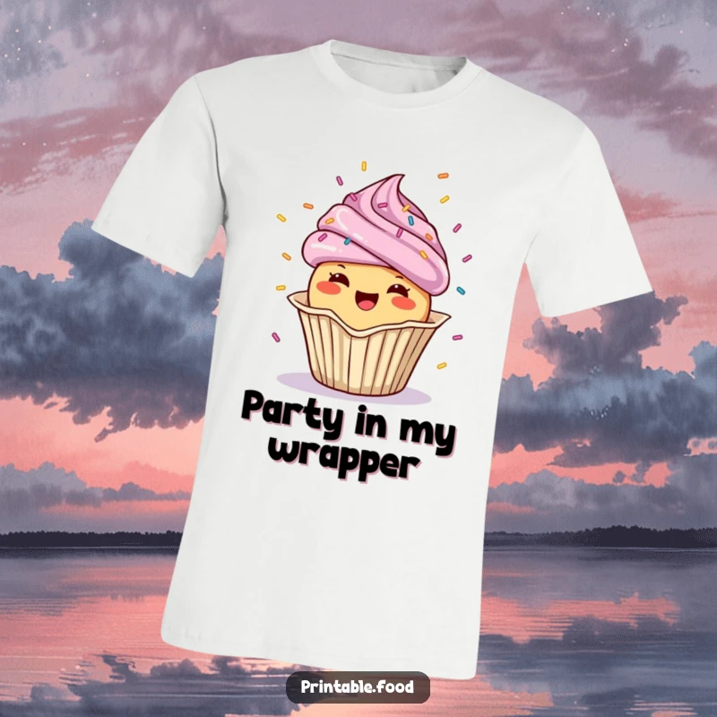 Funny T-Shirt featuring a cheerful cupcake character showering confetti, a symbol of pure celebratory fun.