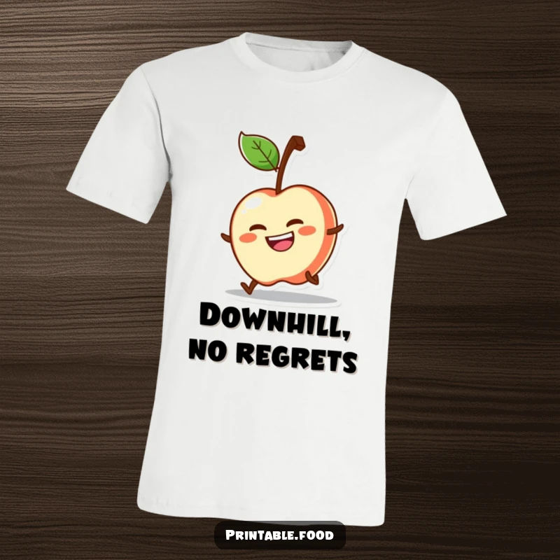 Funny t-shirt displaying a determined apple character with a big grin, rolling downhill with gusto.