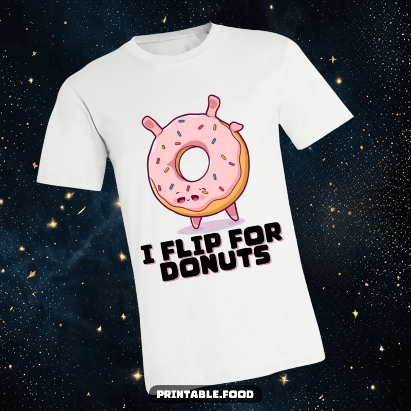 Funny Donut Somersault T-Shirt: A plump, sprinkled donut character is captured mid-somersault, bursting with playful energy and sweetness.