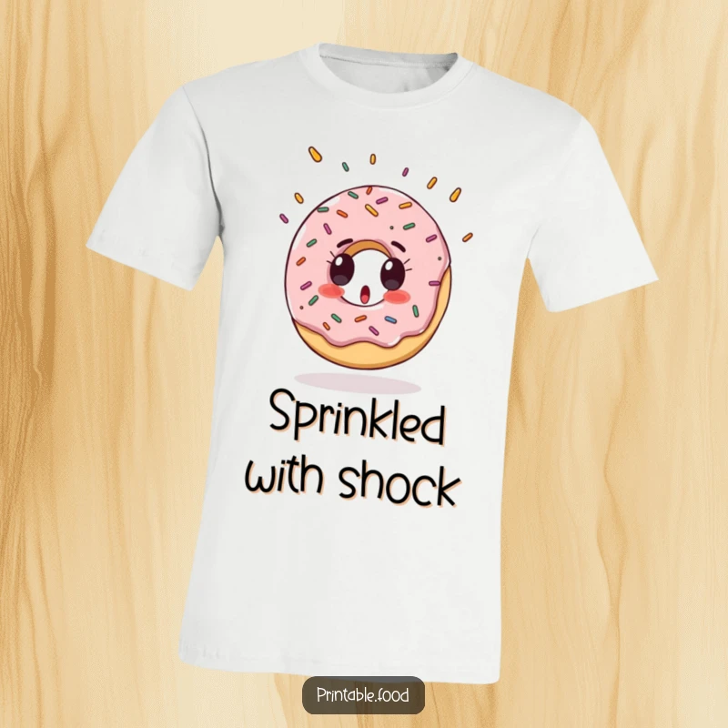 Funny T-Shirt featuring a surprised donut character with a cascade of colorful sprinkles falling around it.