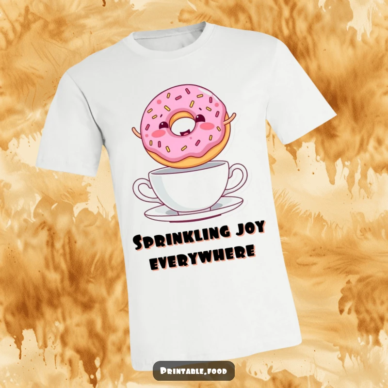 Funny T-Shirt with a giggling donut and sprinkles jumping over a teacup, symbolizing playful moments and sweet joy.