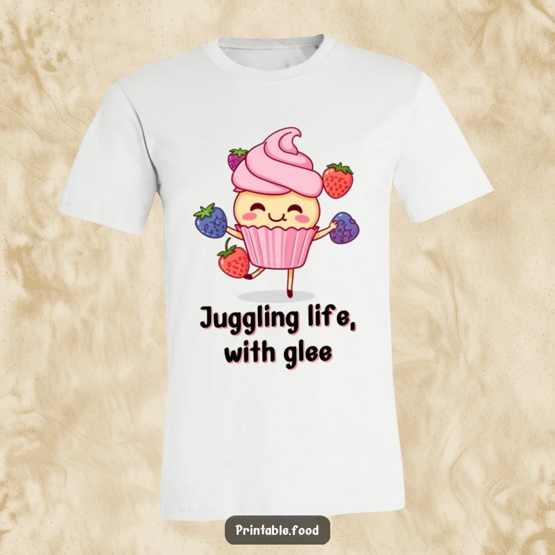 Funny cupcake character giggling while expertly juggling three vibrant berries, on a t-shirt, conveying joy and impressive skill.