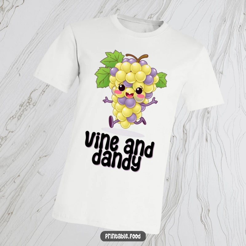 Funny grape bunch character with tiny feet depicted in a dynamic running pose on a comfortable t-shirt, a humorous apparel choice.