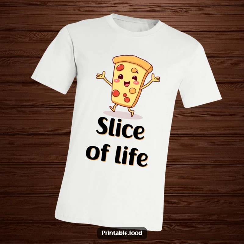 Funny dancing pizza slice character with arms and legs in a lively pose on a t-shirt, celebrating food and fun.