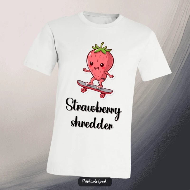 Funny T-Shirt: A cheerful strawberry character confidently riding a skateboard, showcasing impressive balance and a playful attitude.