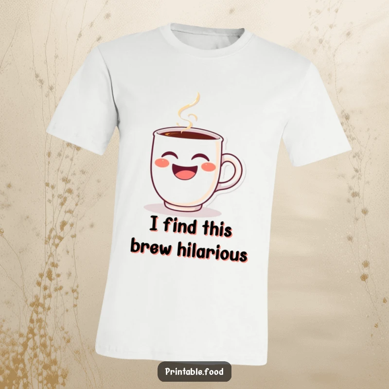 Funny t-shirt showcasing a winking coffee cup character, body shaking with laughter and steam rising, exuding pure comedic delight.