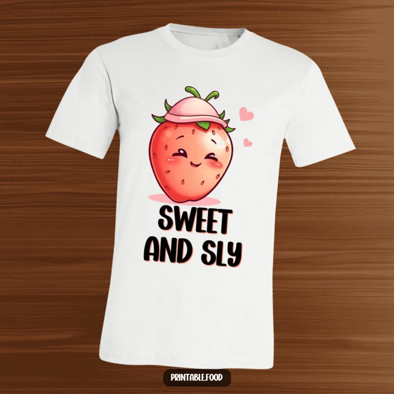 Funny t-shirt with a mischievous strawberry in a tiny hat winking, showcasing a cute and humorous fruit design.