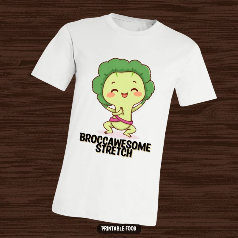 Funny T-Shirt: A happy broccoli character gracefully performing a yoga pose, conveying balance, health, and gentle humor.