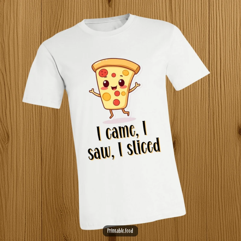 Funny t-shirt featuring a playful pizza slice character doing a jaunty jig, celebrating food and fun.