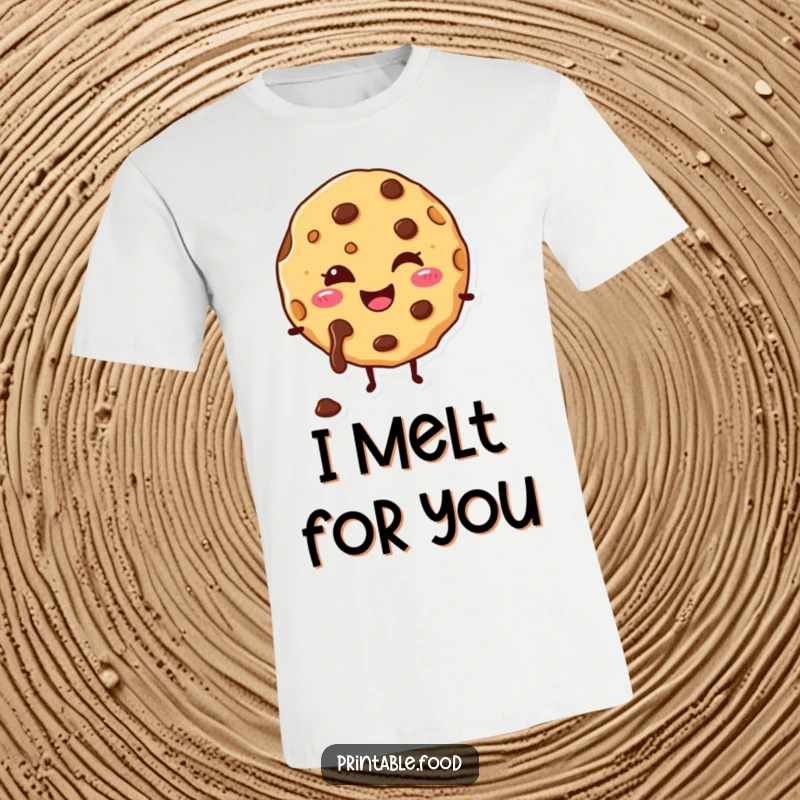 Funny t-shirt featuring a happy cookie character with melting chocolate chips, showcasing sweet delight.
