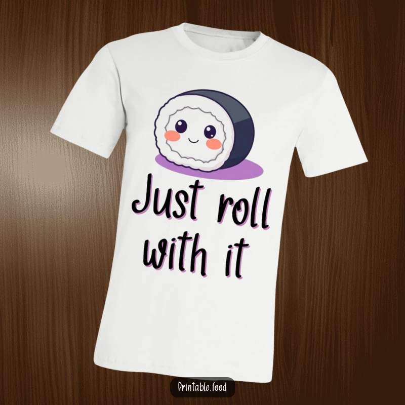 Funny T-Shirt with a happy sushi roll having eyes, rolling across a purple gradient, symbolizing pure delight.