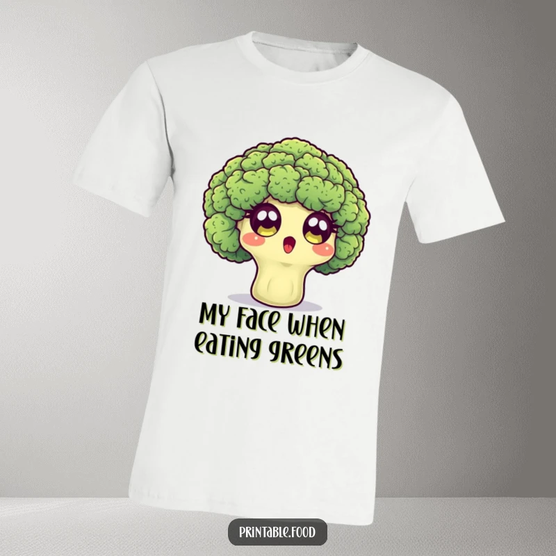 Funny t-shirt featuring a surprised broccoli floret character with wide eyes, showcasing healthy shock.
