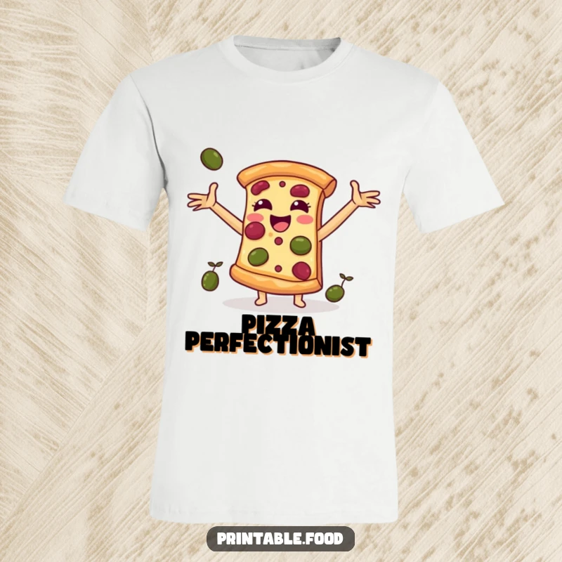 Funny t-shirt of a happy pizza slice character with arms wide, catching falling olives, a delightful food graphic.