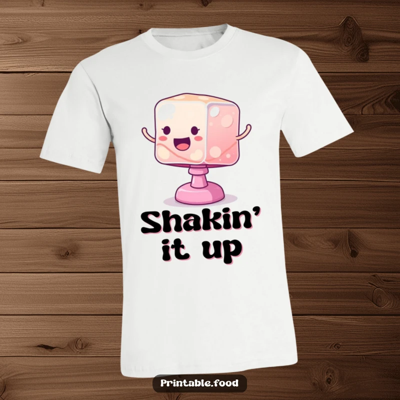 Funny t-shirt featuring a wobbly jelly cube bouncing energetically on its base, representing fun, excitement, and quirky charm.