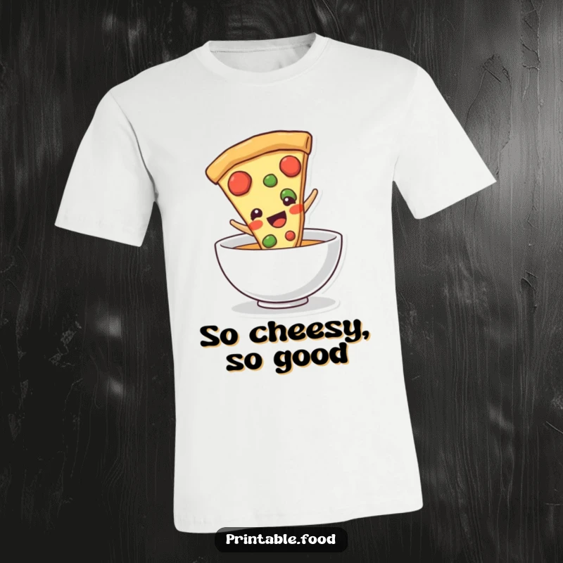 Funny pizza slice character joyfully sliding into a bowl, printed on a t-shirt, showcasing pure pizza bliss and comedic hunger.