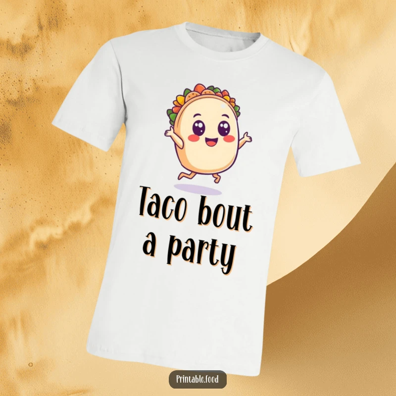 Funny t-shirt showcasing a smiling taco character in mid-dance with wide, ecstatic eyes, radiating pure joy and festive fiesta spirit.