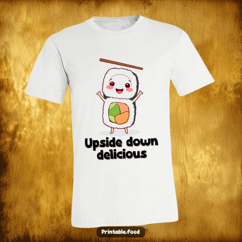 Funny T-Shirt depicting a smiling sushi roll character in a handstand, holding chopsticks, a playful foodie statement.