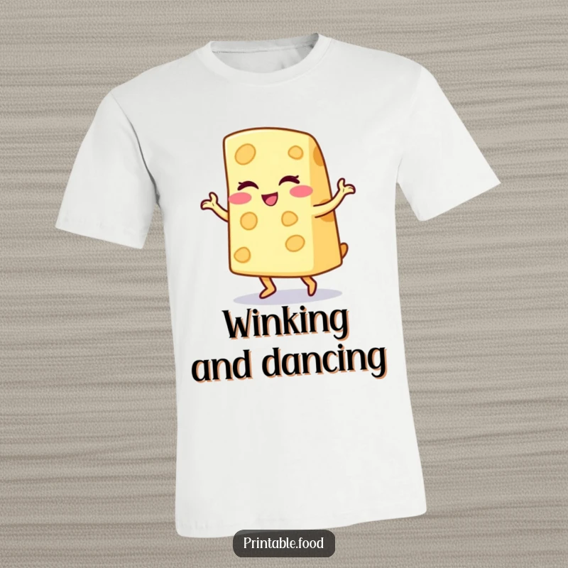 Funny t-shirt depicting a winking cheese wedge character doing a lively jig, full of playful energy and cheesy charm.