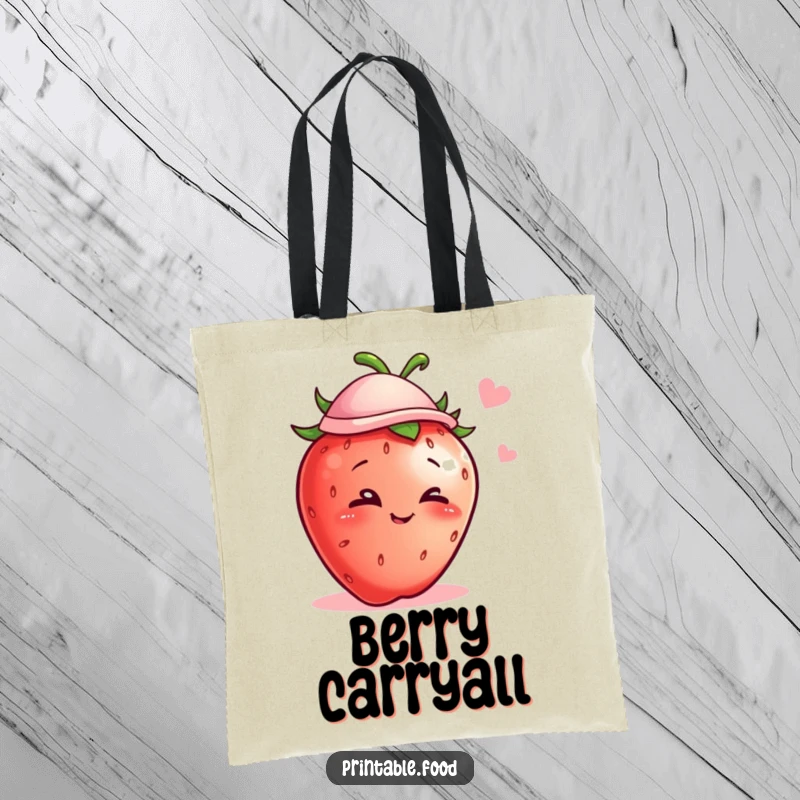 Funny tote bag featuring a mischievous strawberry with a tiny hat winking, perfect for shopping with a humorous twist.
