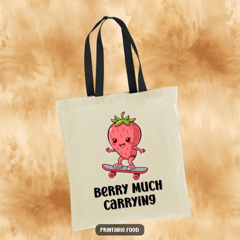 Funny Tote Bag: A happy strawberry character skillfully riding a skateboard, a humorous and practical accessory for everyday use.