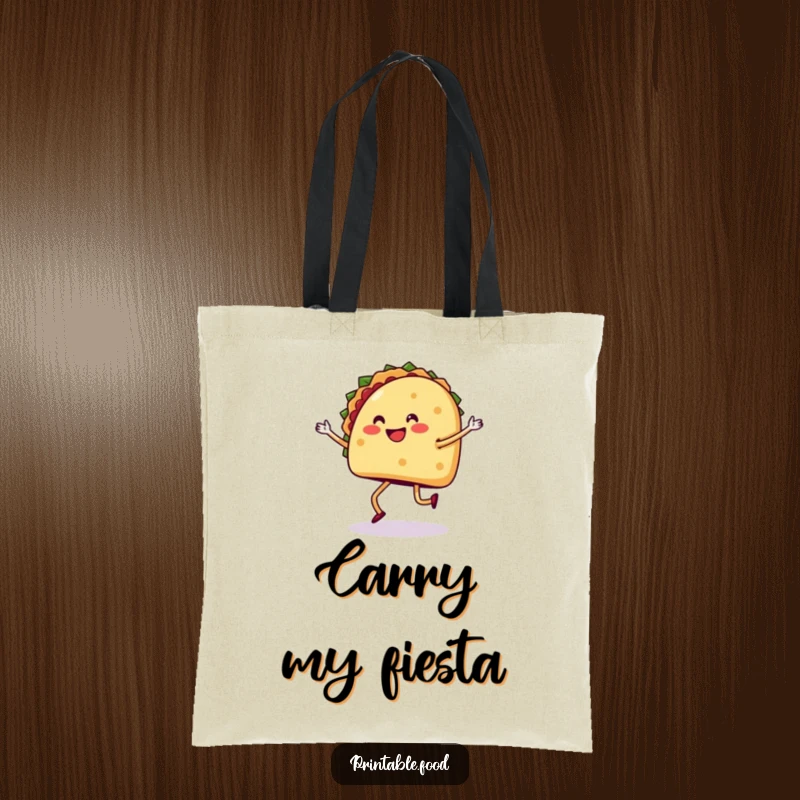 Funny tote bag showcasing a happy taco with legs dancing the salsa, perfect for carrying goodies.