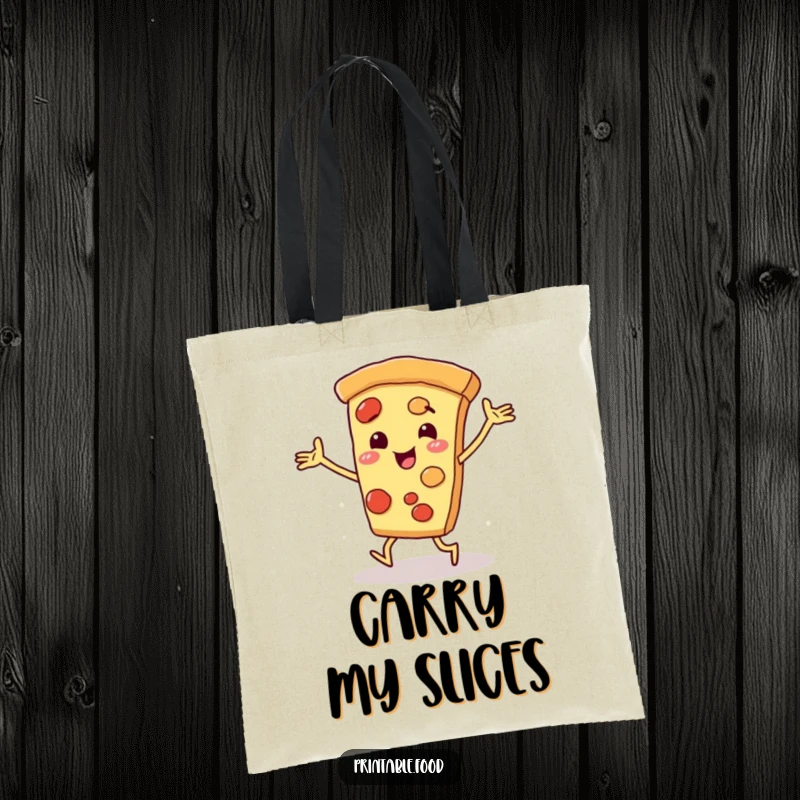 Funny pizza slice character with arms and legs dancing energetically on a spacious tote bag, a humorous and practical accessory.