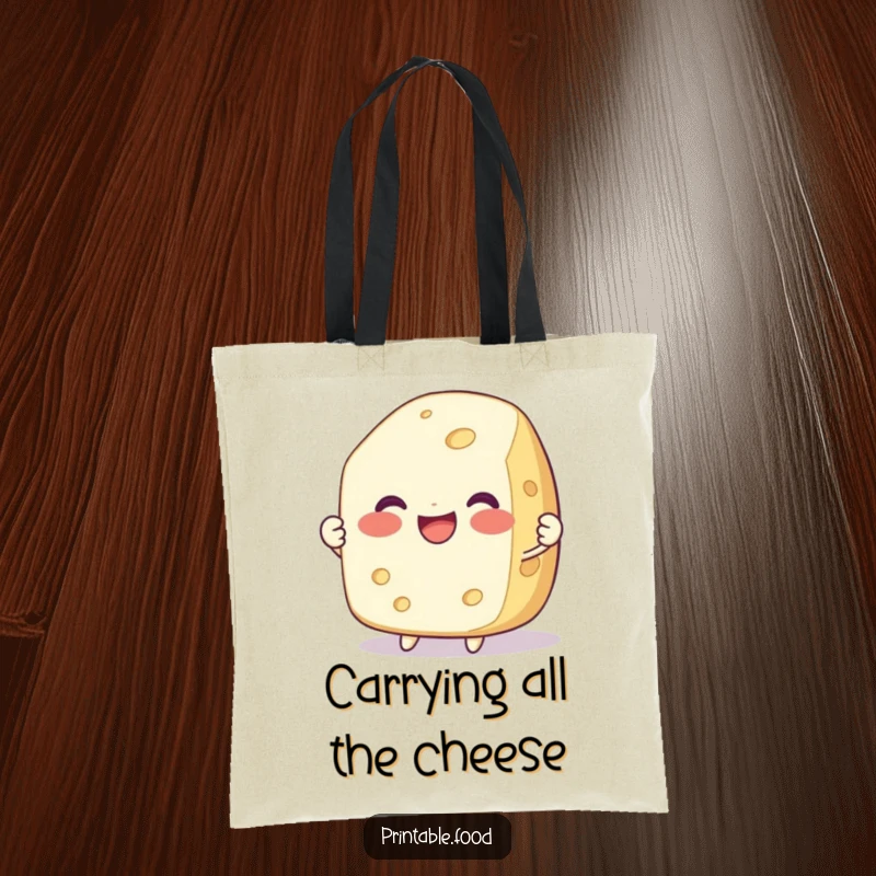 Funny tote bag featuring a delighted, smiling cheese character being pulled apart, ideal for carrying items with cheesy humor.