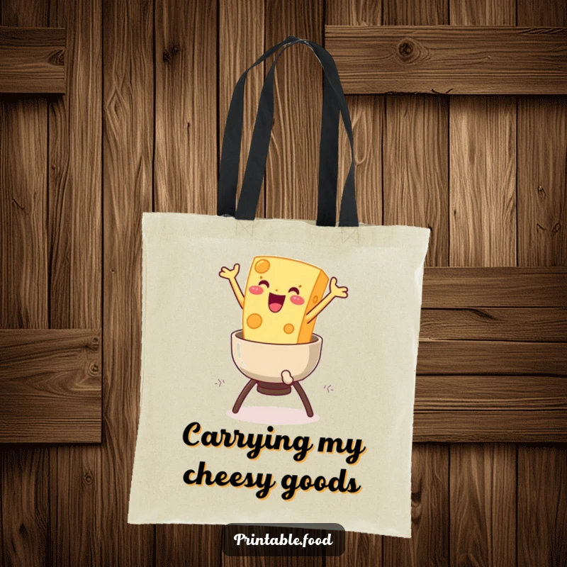 Funny Cheese Fondue Tote Bag: A delighted cheese character leaps into a fondue pot, making this tote bag irresistibly fun and practical.