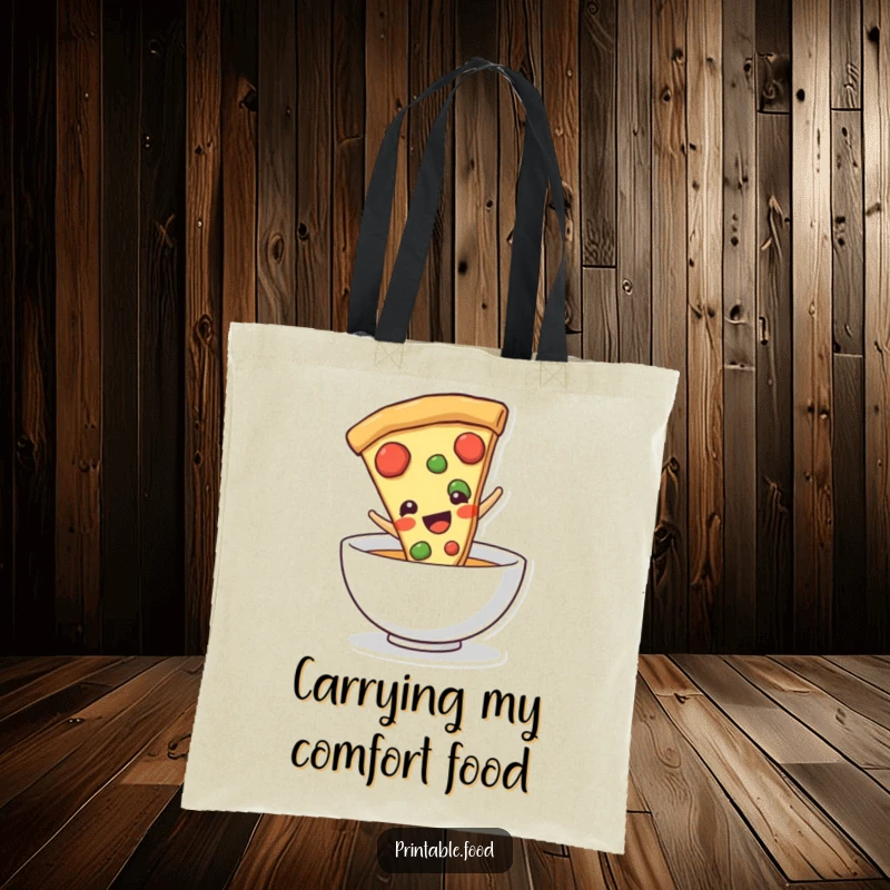 Funny pizza slice character sliding into a bowl, printed on a durable tote bag, symbolizing delicious adventures and pizza love.