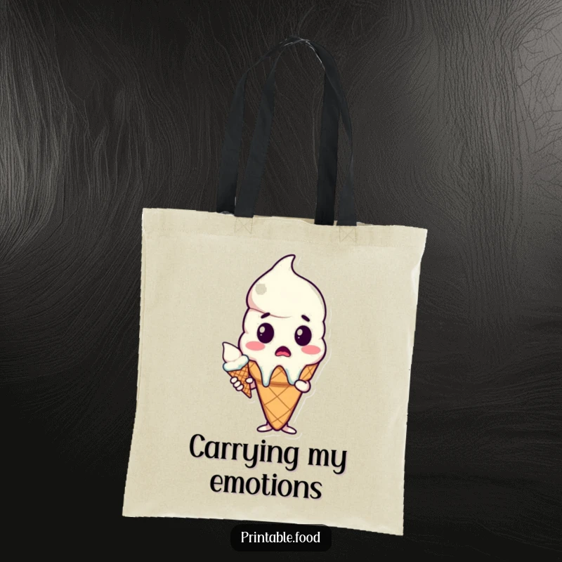 Funny tote bag showcasing a surprised ice cream cone character struggling with a melting scoop, a delightful and humorous accessory.