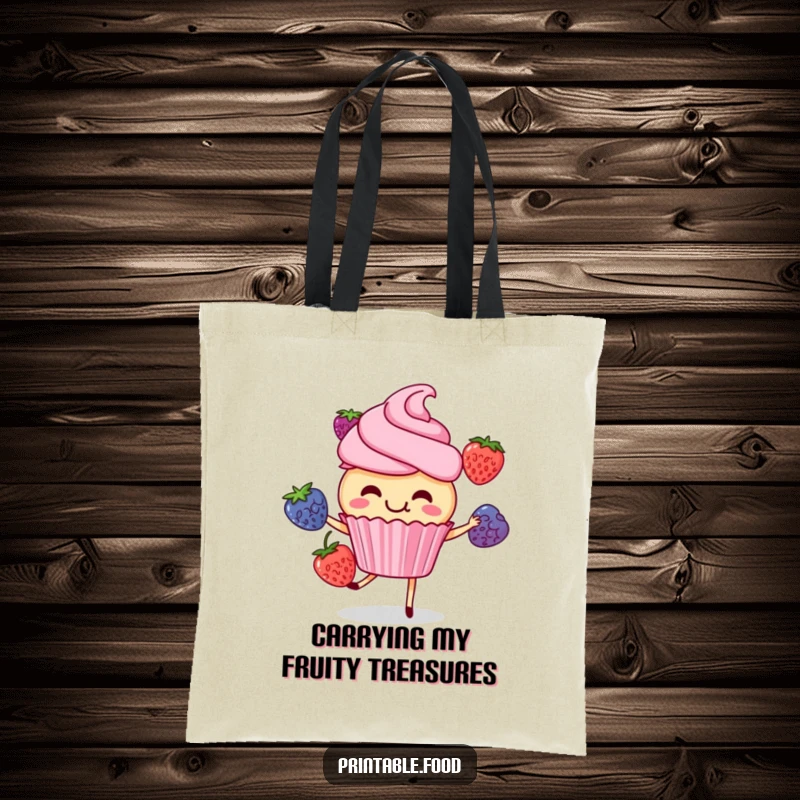 Funny cupcake character giggling while juggling three berries, printed on a durable tote bag, symbolizing cheerful errands and sweet moments.