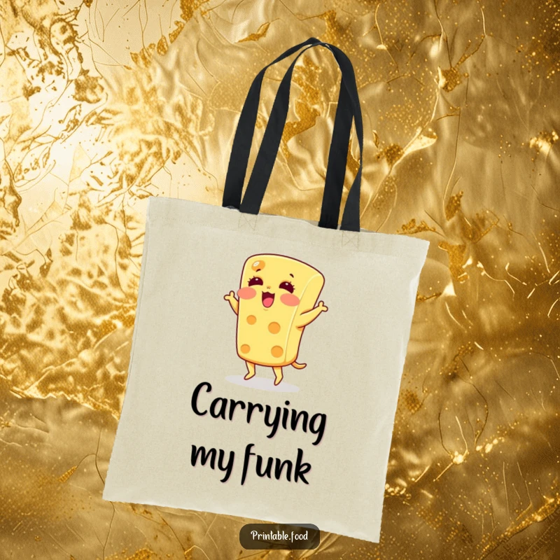 Funny blushing cheese character doing a silly jig on a durable tote bag, great for grocery shopping humor.