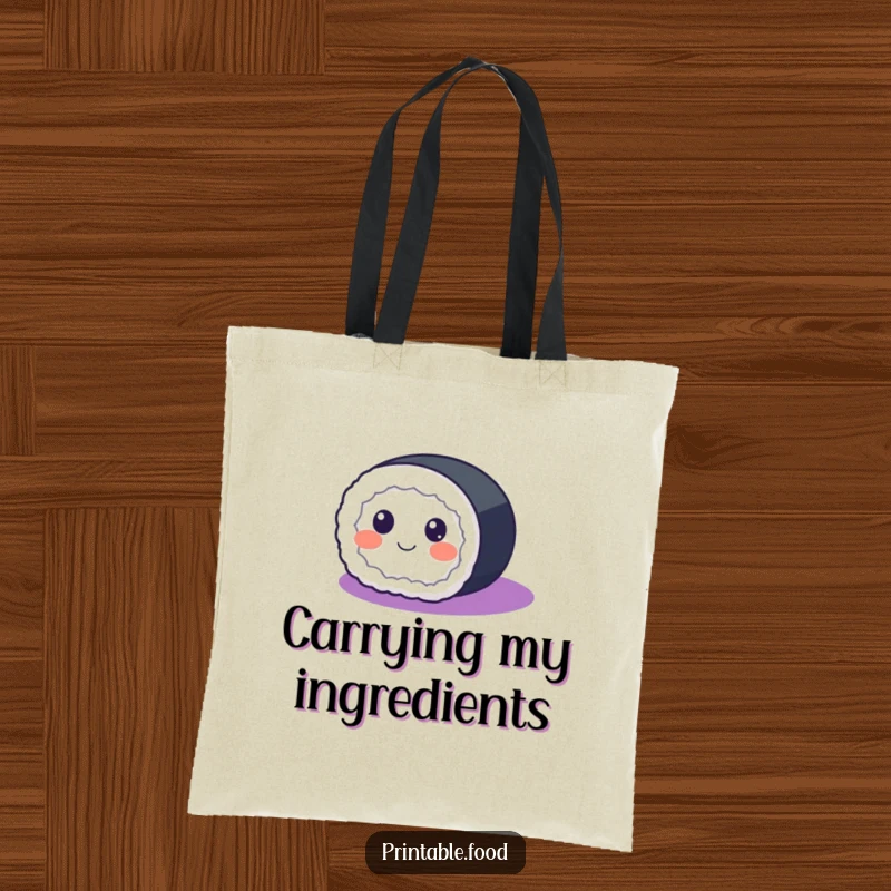 Funny Tote Bag showcasing a happy sushi roll with eyes rolling across a purple gradient, perfect for carrying daily items.