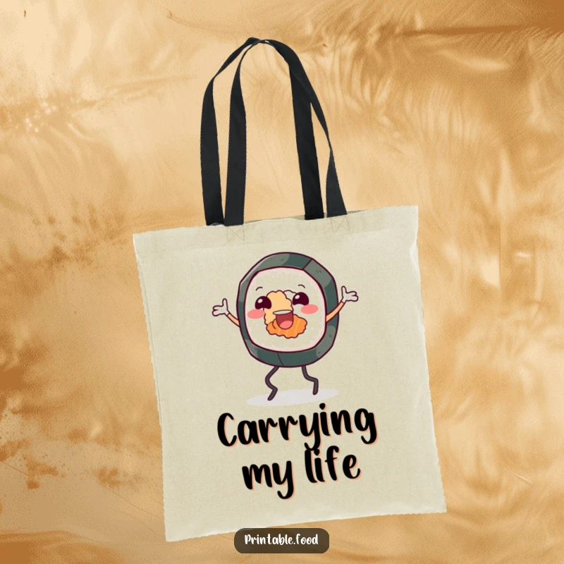 Funny tote bag showcasing a cheerful sushi roll character with legs, enthusiastically performing a happy jig while carrying your items.
