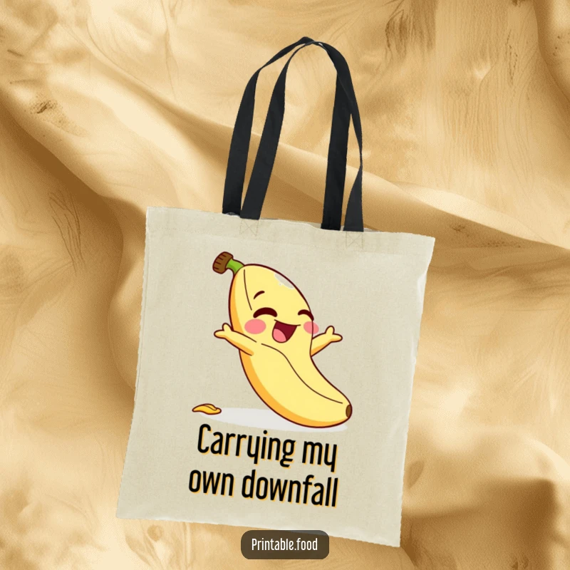 Funny tote bag: A laughing banana character hilariously loses its footing on its own peel, showcasing a moment of pure comic tragedy.