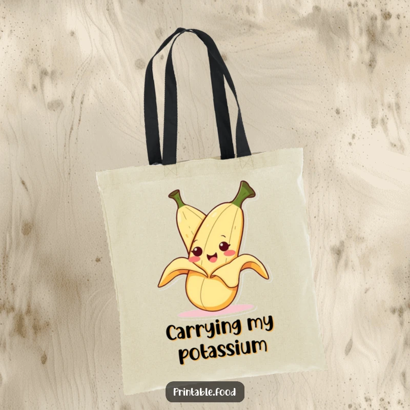 Funny tote bag with a smiling banana character hilariously peeling itself with a mischievous look, perfect for shopping or carrying items.