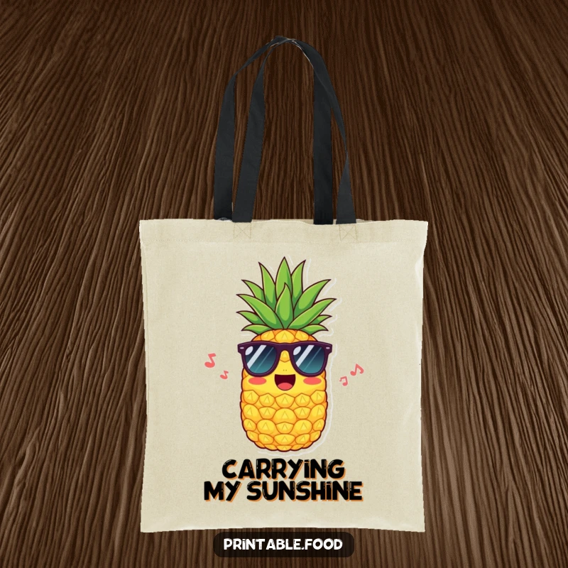 Funny tote bag showcasing a cool pineapple in sunglasses, humming happily, ready to carry your essentials with tropical cheer.